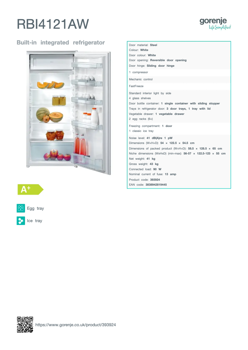 Page n°1 - Fiche technique Gorenje RBI4121AW