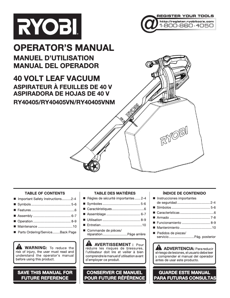 Página 1 del manual Manual de usuario RYOBI RY40451