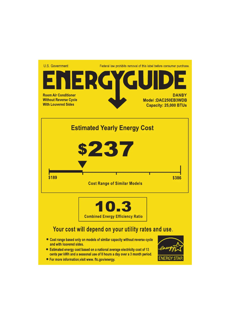 Page 1 de la notice Label énergétique Danby DAC250EB3WDB