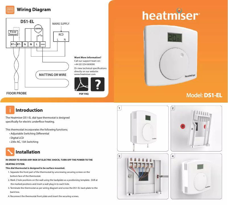 Page 1 de la notice Manuel utilisateur Heatmiser DS1-EL