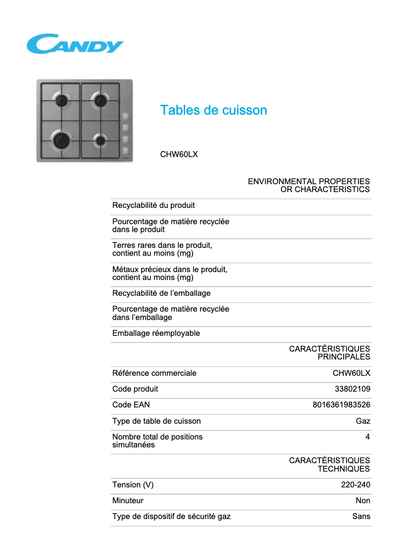 Page 1 de la notice Fiche technique Candy CHW60LX