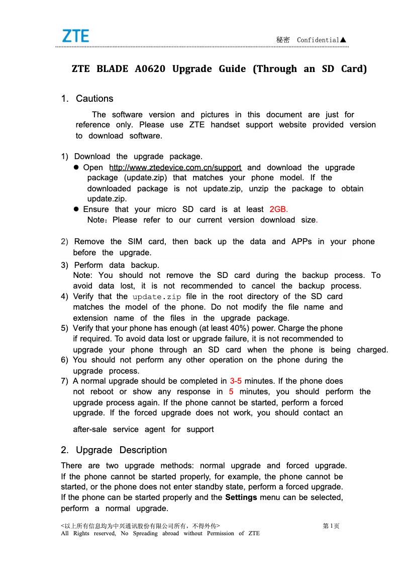 Page 1 de la notice Manuel utilisateur ZTE Blade A0620