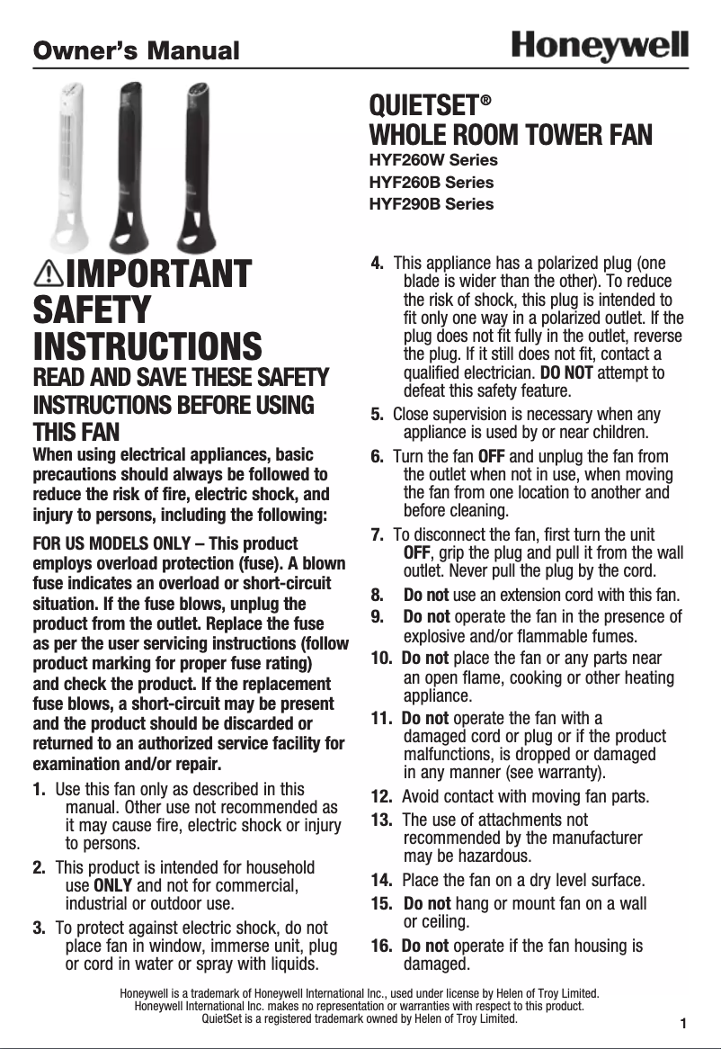 Page n°1 - Manuel utilisateur Honeywell QuietSet HYF290B