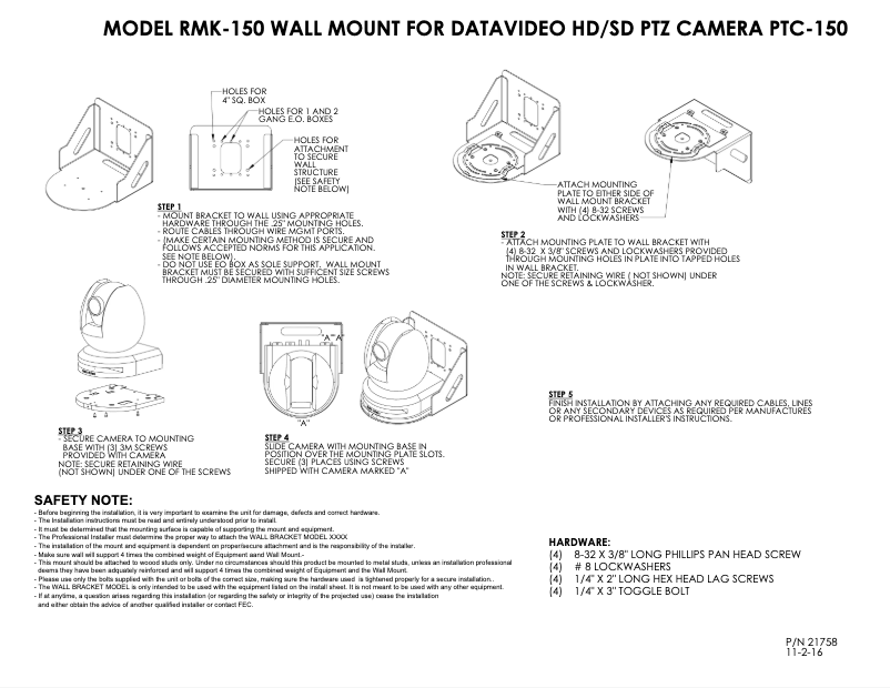 Page n°1 - Manuel utilisateur DataVideo RKM-150