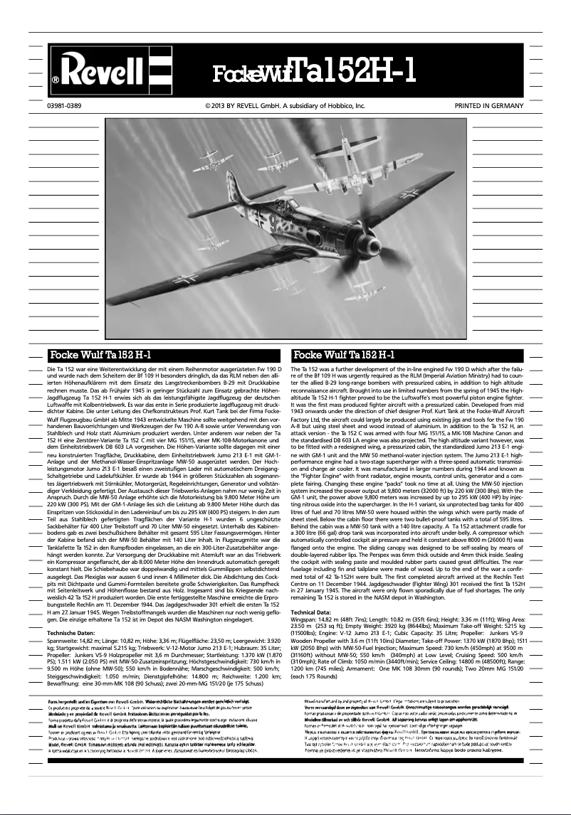 Page 1 de la notice Manuel utilisateur Revell Focke Wulf Ta 152 H