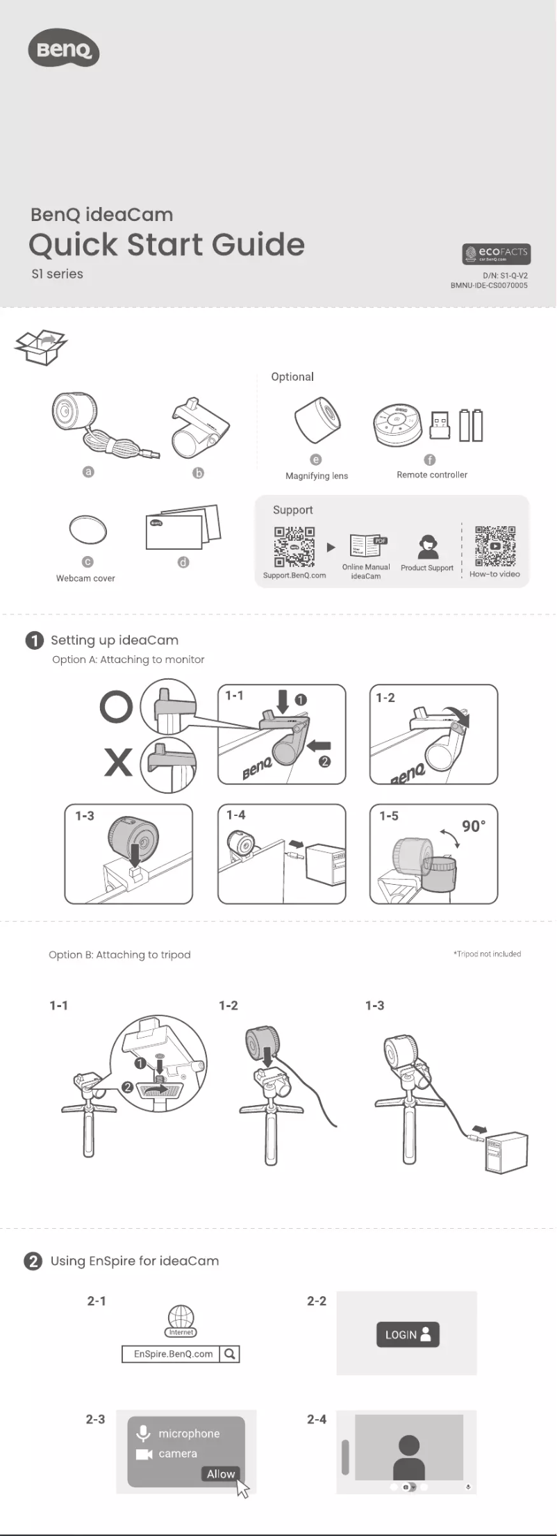 Page 1 de la notice Guide de démarrage rapide BenQ ideaCam S1 Plus