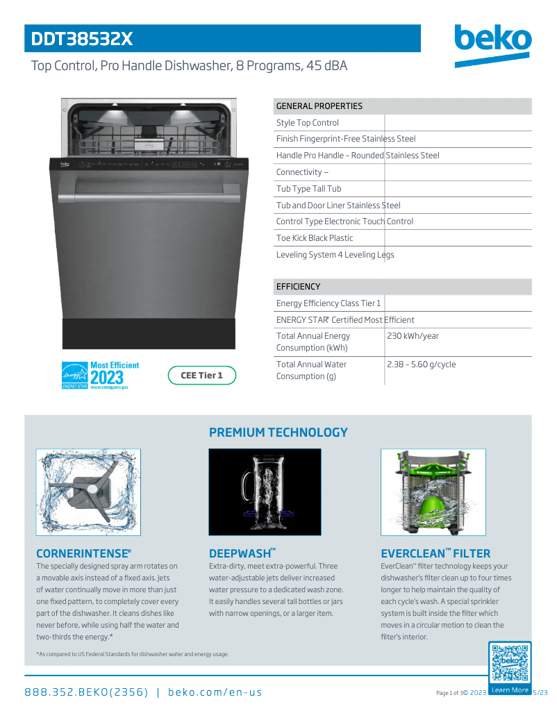 Page 1 de la notice Fiche technique Beko DDT38532X