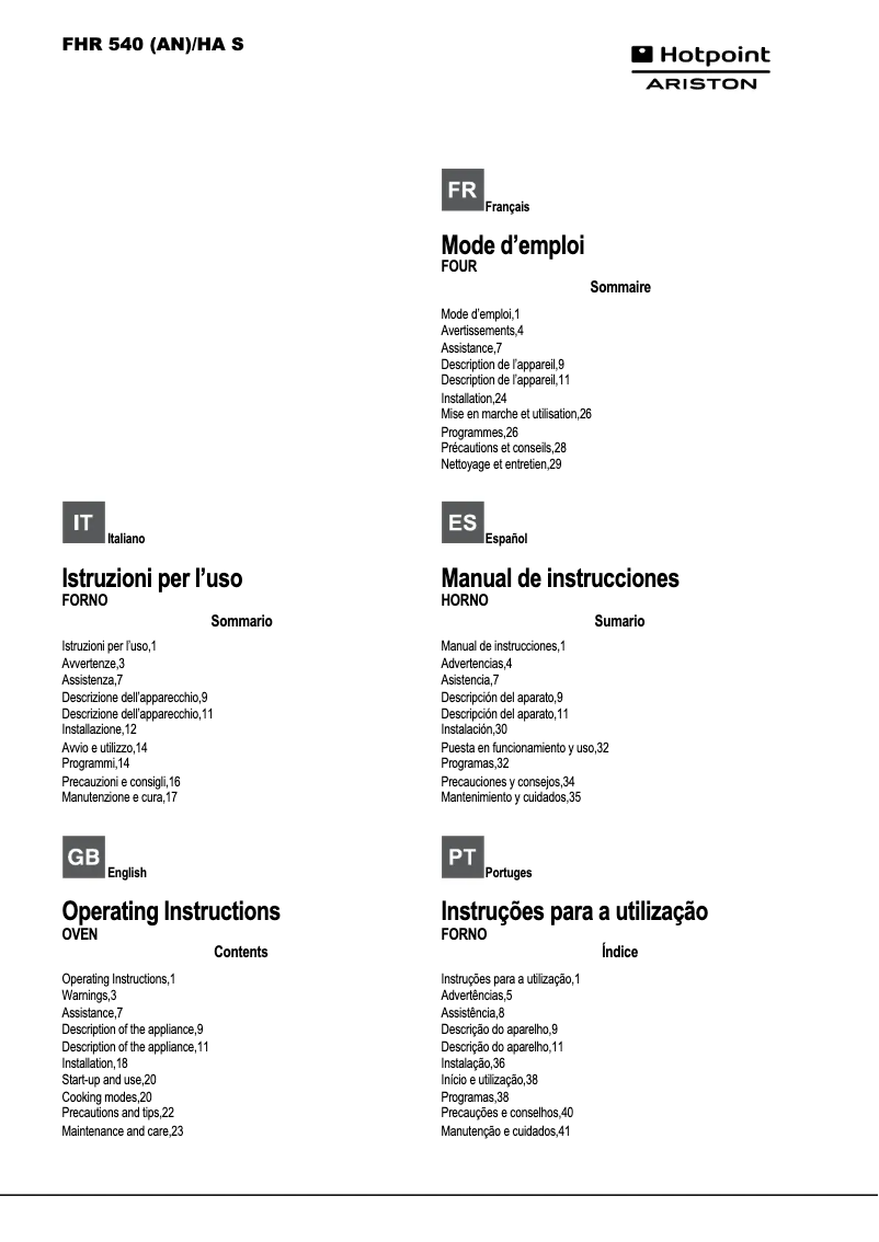 Page 1 de la notice Manuel utilisateur Hotpoint FHR 540 (AN)/HA S