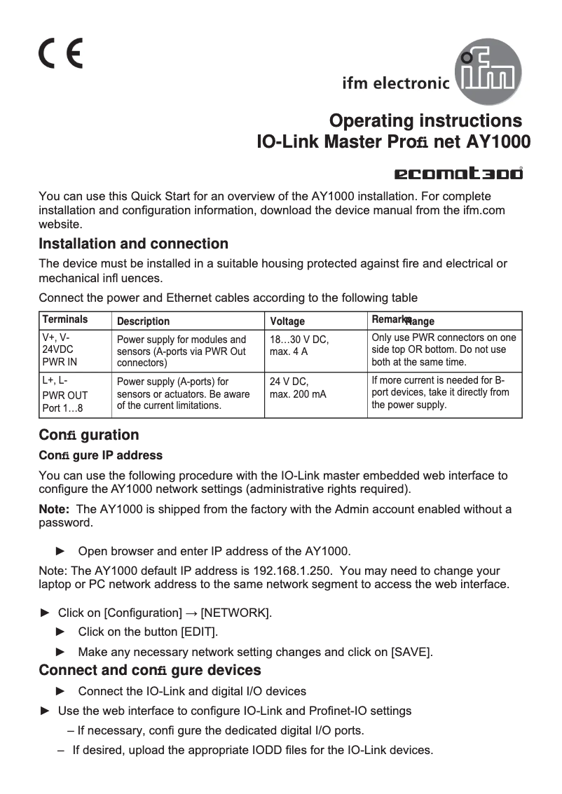 Page n°1 - Manuel utilisateur IFM AY1000