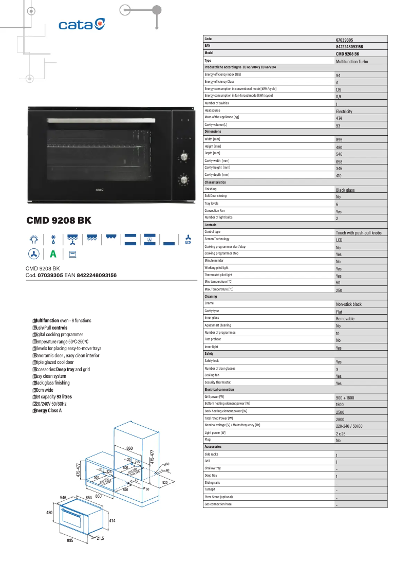 Page 1 de la notice Fiche technique CATA CMD 9208 BK