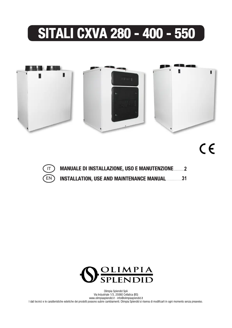 Page 1 de la notice Manuel utilisateur Olimpia Splendid Sitali CX 280