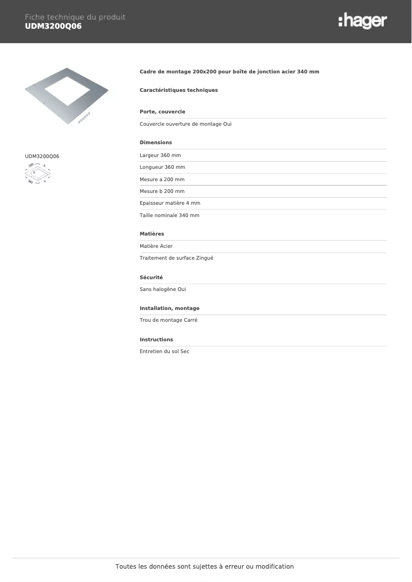 Page n°1 - Fiche technique Hager UDM3200Q06