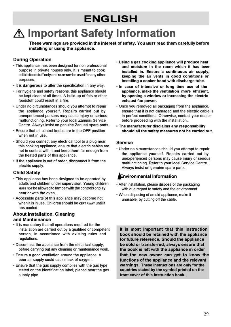 Page 1 de la notice Manuel utilisateur Zanussi ZGG643ITXC