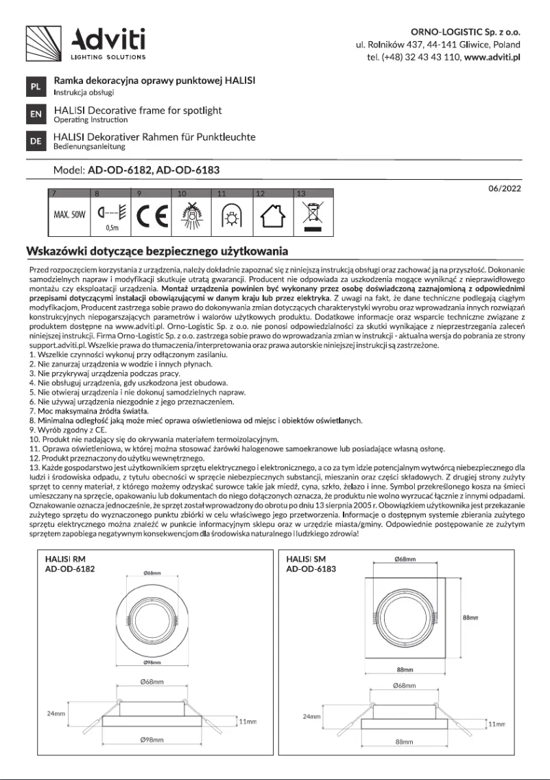 Page n°1 - Manuel utilisateur Adviti AD-OD-6183