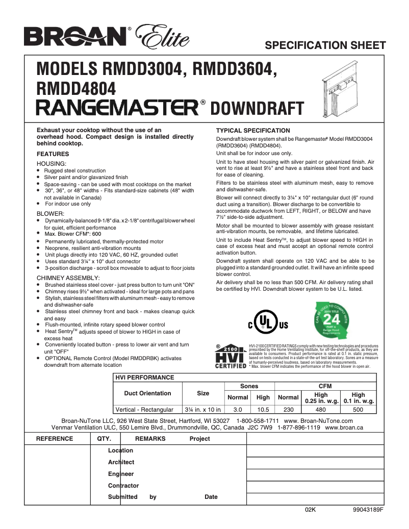 Page 1 de la notice Fiche technique Broan RMDD3004