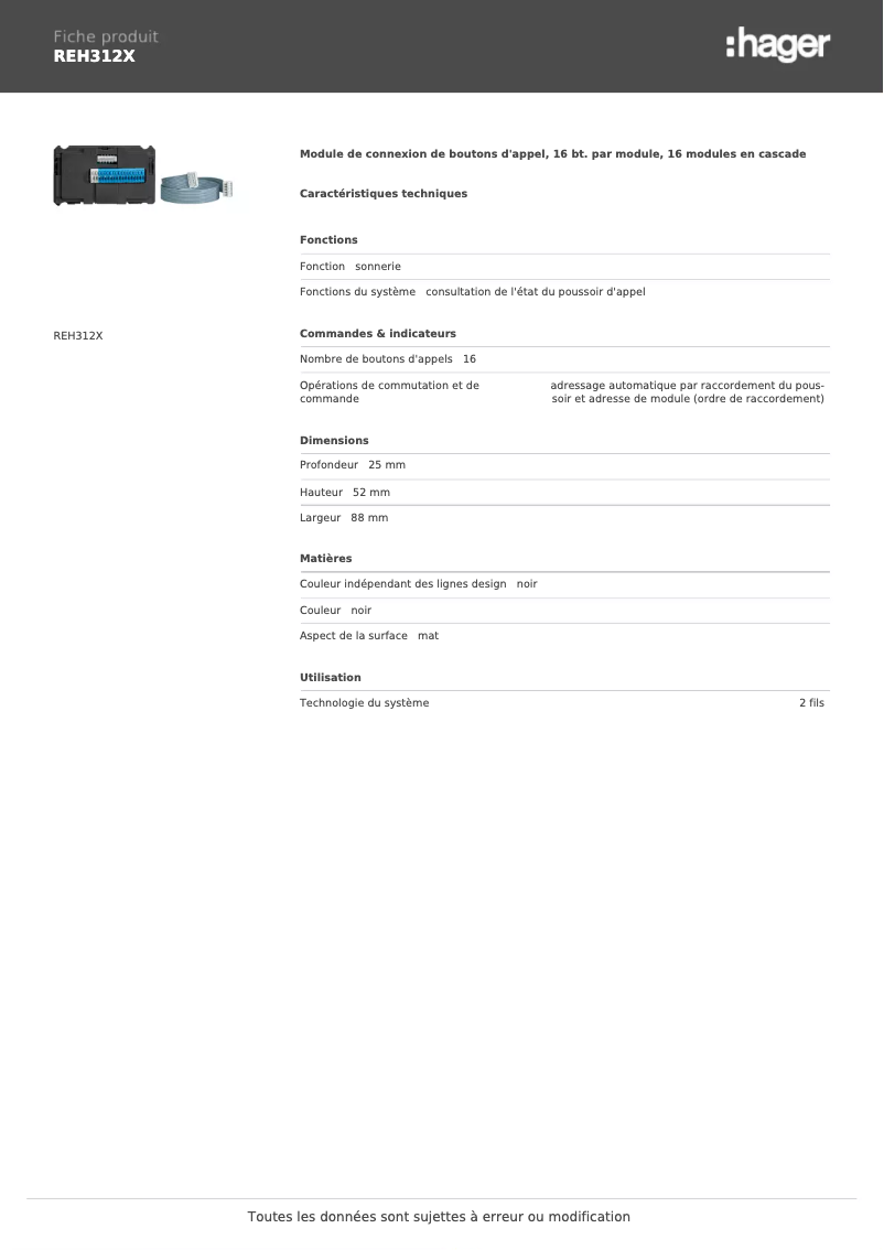 Page n°1 - Fiche technique Hager REH312X