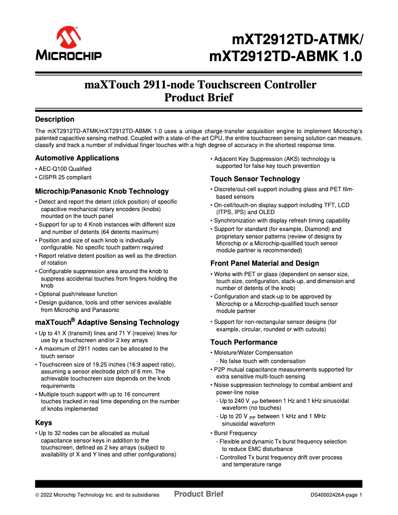 Page 1 de la notice Manuel utilisateur Microchip ATMXT2912TD-MK