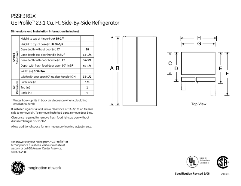 Page 1 de la notice Fiche technique GE Profile PSSF3RGXCC