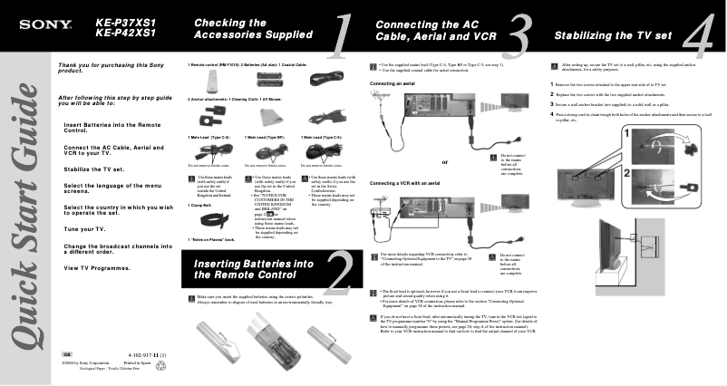 Page 1 de la notice Guide d'installation Sony KE-P42XS1