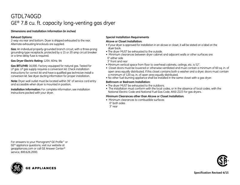 Page 1 de la notice Fiche technique GE GTDL740GDWW