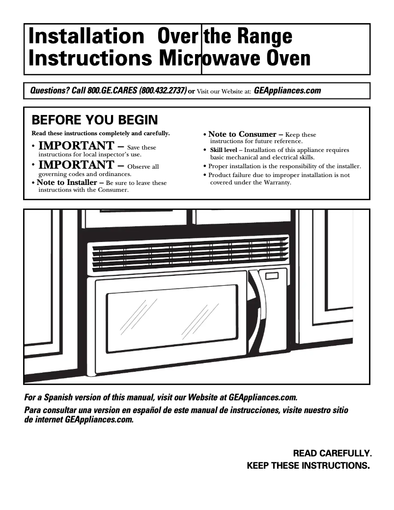 Page 1 de la notice Guide d'installation GE JVM1660WH