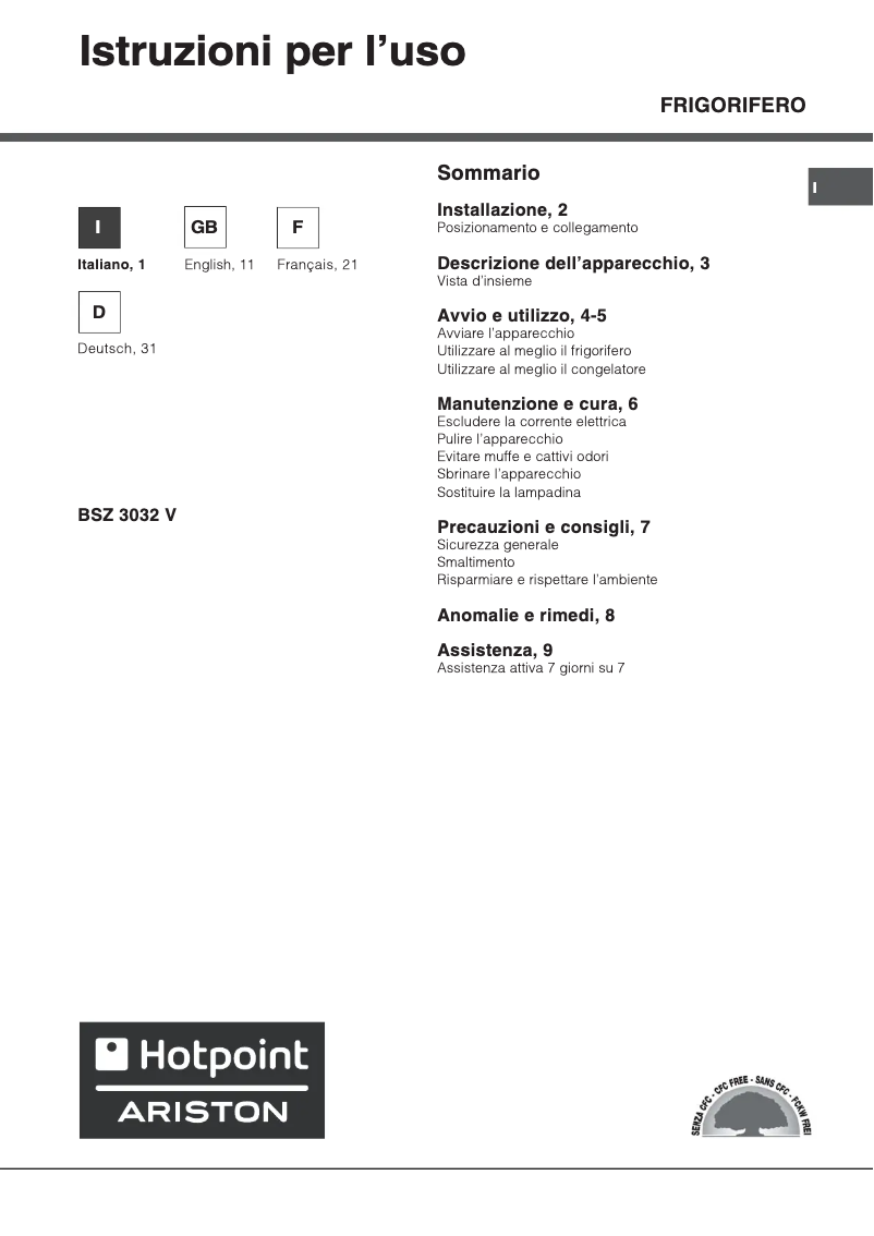 Page 1 de la notice Manuel utilisateur Hotpoint Ariston BSZ 3032 V