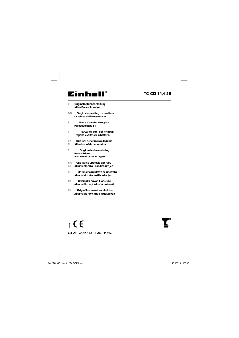 Page n°1 - Manuel utilisateur Einhell TC-CD 14,4 2B