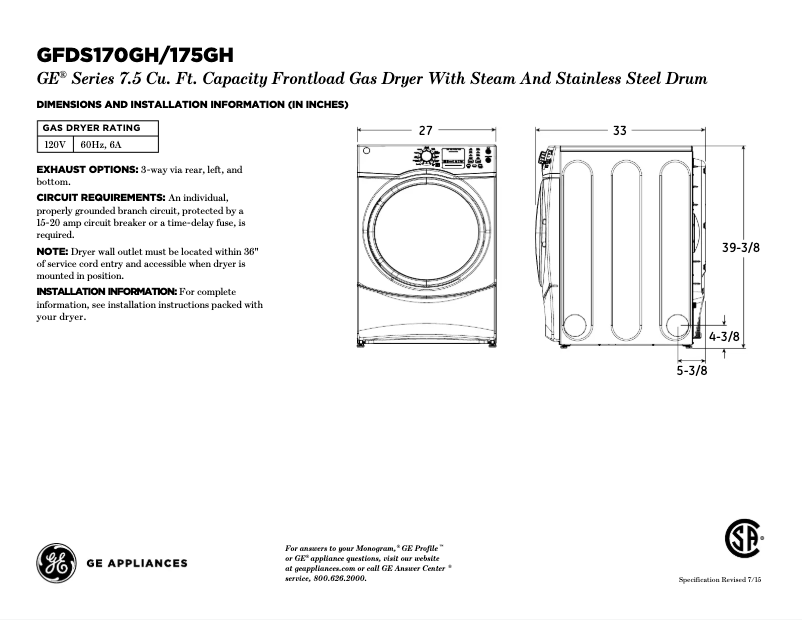Page 1 de la notice Fiche technique GE GFDS170GHWW
