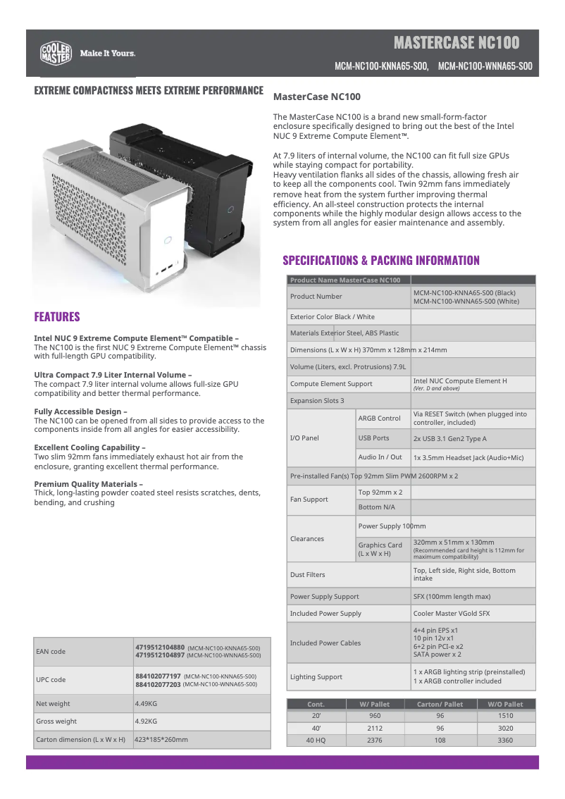 Page 1 de la notice Manuel utilisateur Cooler Master MasterCase NC100