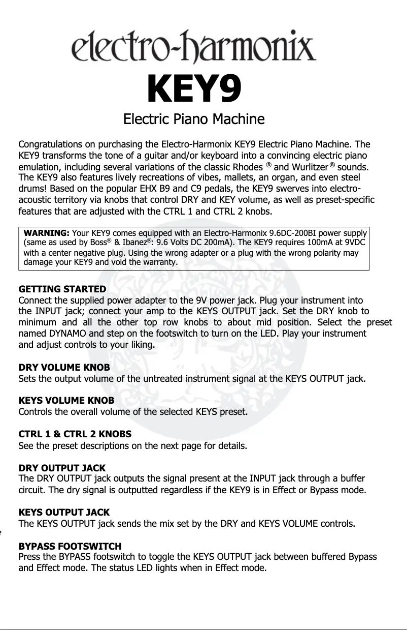 Page 1 de la notice Manuel utilisateur Electro Harmonix KEY9