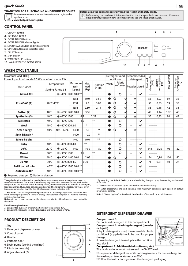 Page n°1 - Manuel utilisateur Hotpoint NSWM1045CGGUKN