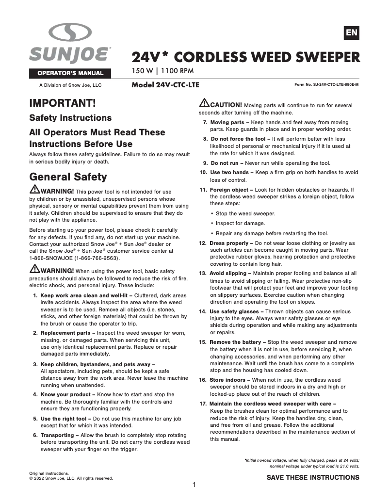 Page n°1 - Manuel utilisateur Sun Joe 24V-CTC-LTE