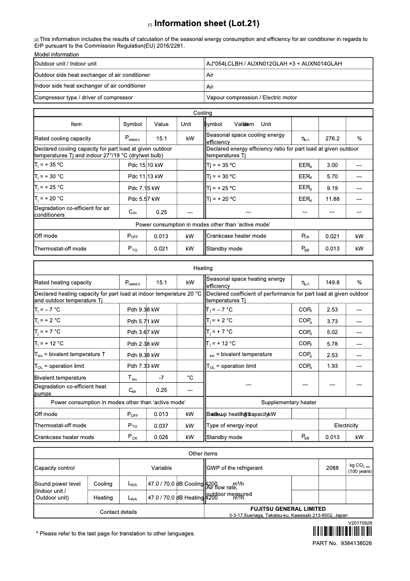 Page 1 de la notice Fiche technique Fujitsu Airstage AJH054LCLBH