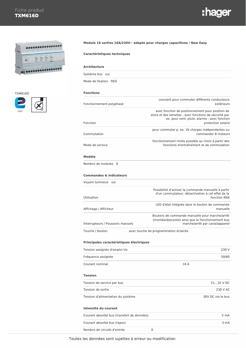 Page 1 de la notice Fiche technique Hager TXM616D