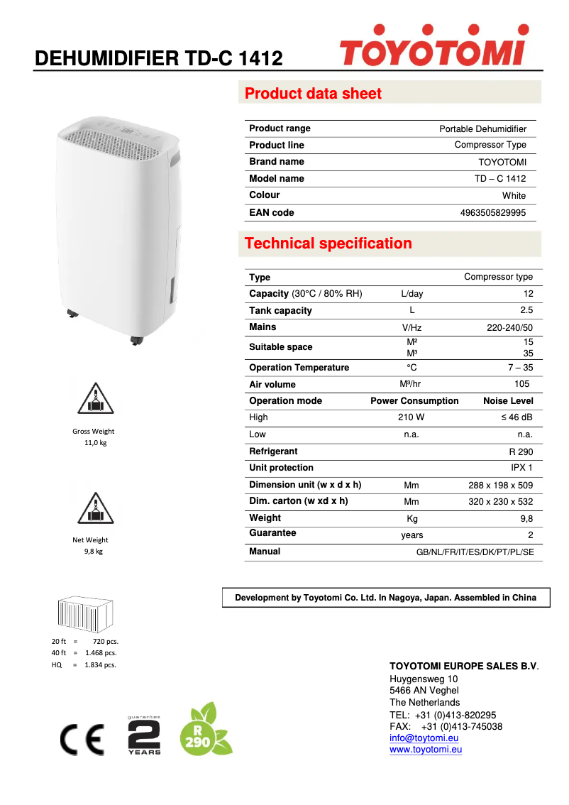 Page 1 de la notice Fiche technique Toyotomi TD-C1412