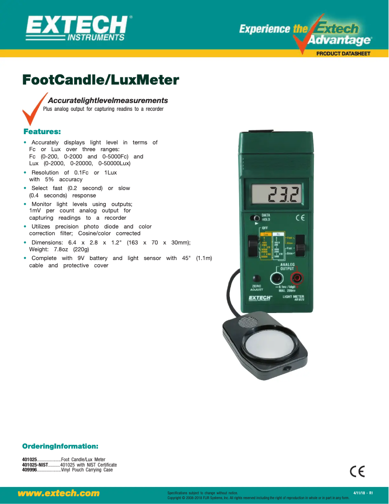 Page 1 de la notice Fiche technique Extech 401025