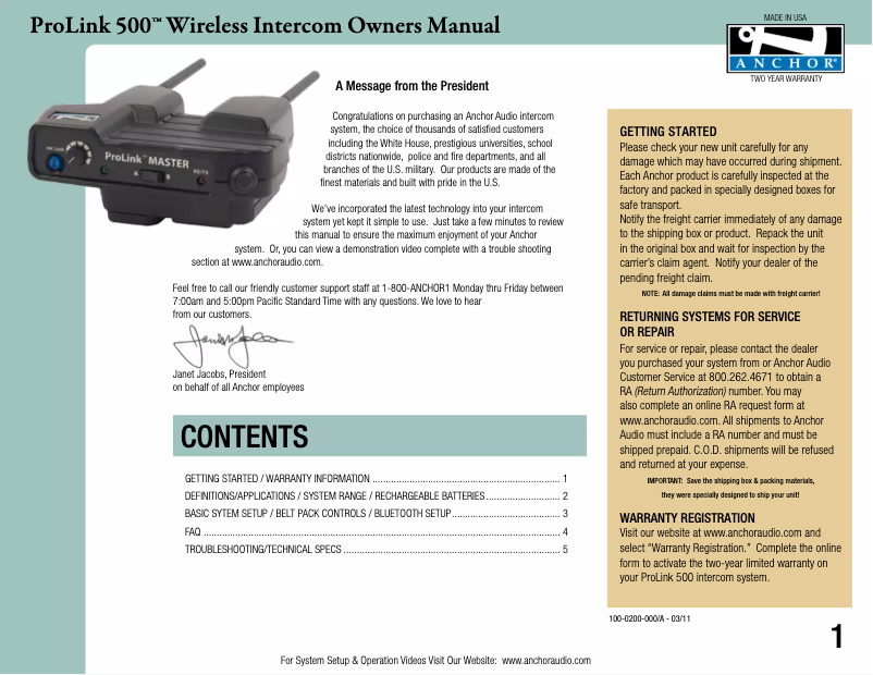 Page 1 de la notice Manuel utilisateur Anchor Audio PRO-540/4S