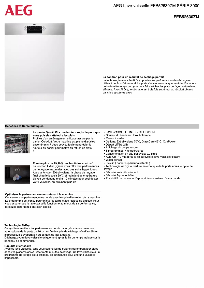 Page 1 de la notice Fiche technique AEG FEB52630ZM