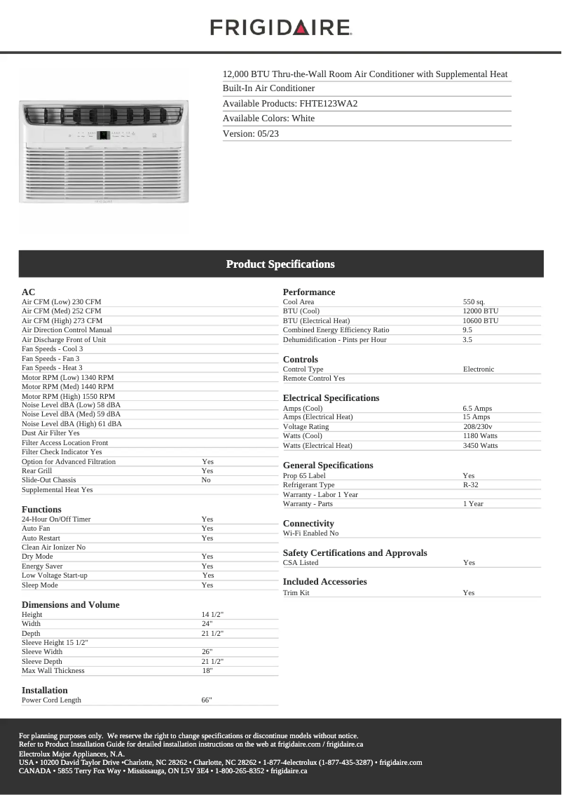 Page 1 de la notice Fiche technique Frigidaire FHTE123WA2