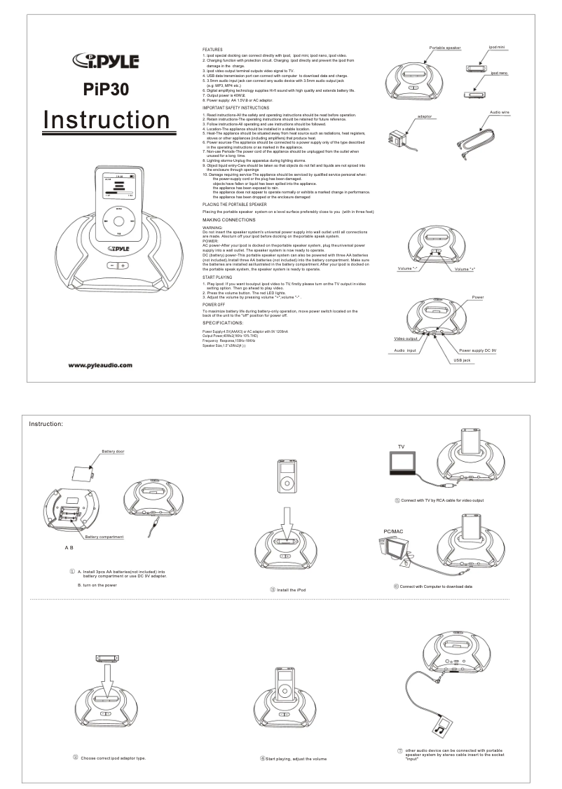 Page n°1 - Manuel utilisateur Pyle PIP30