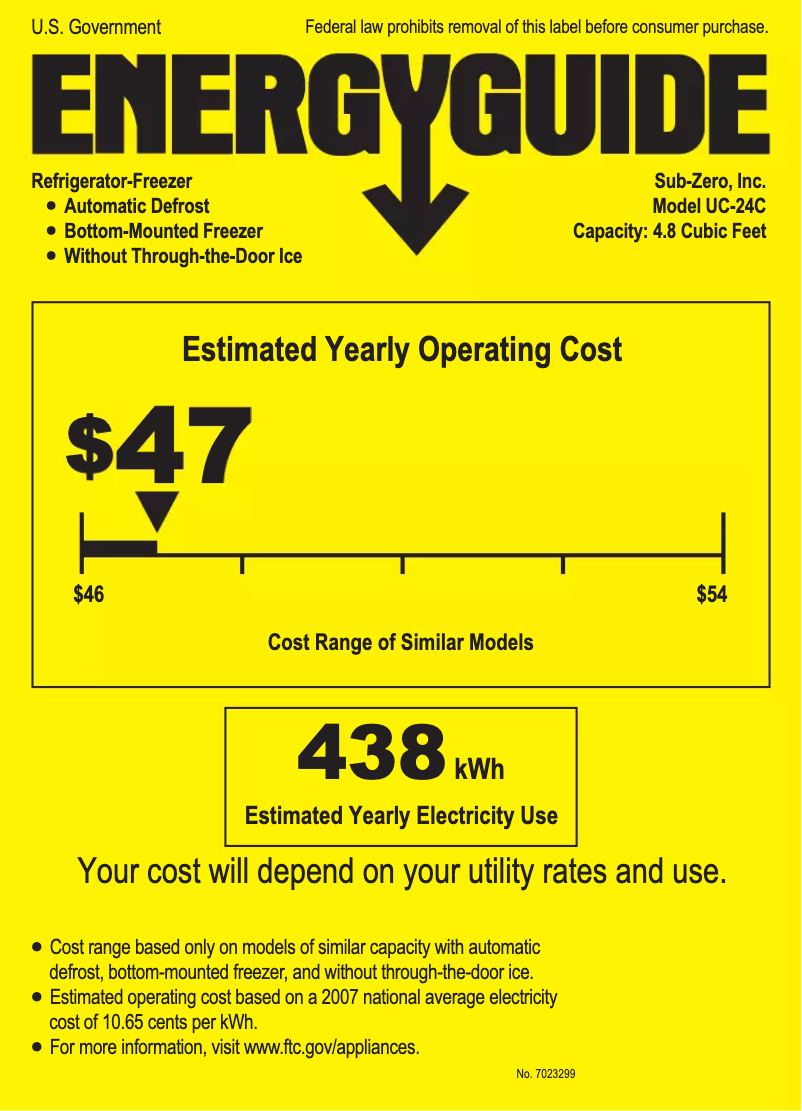Page 1 de la notice Label énergétique Sub-Zero UC-24CI-LH