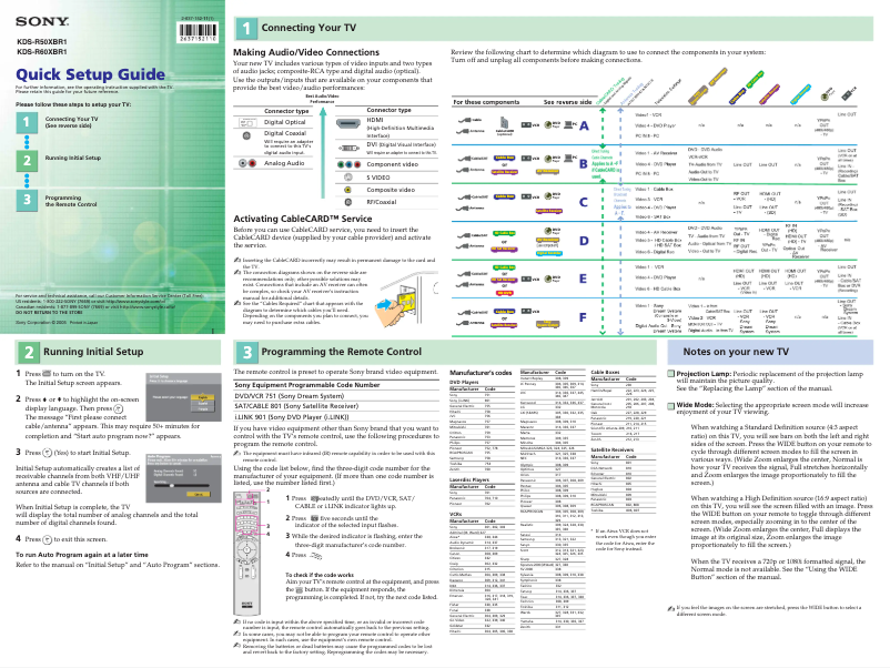 Página 1 del manual Guía de instalación Sony KDS-R50XBR1