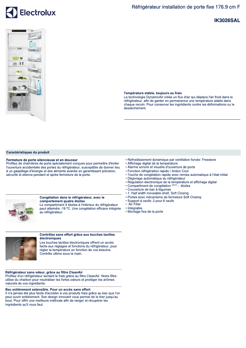 Page 1 de la notice Fiche technique Electrolux IK3026SAL