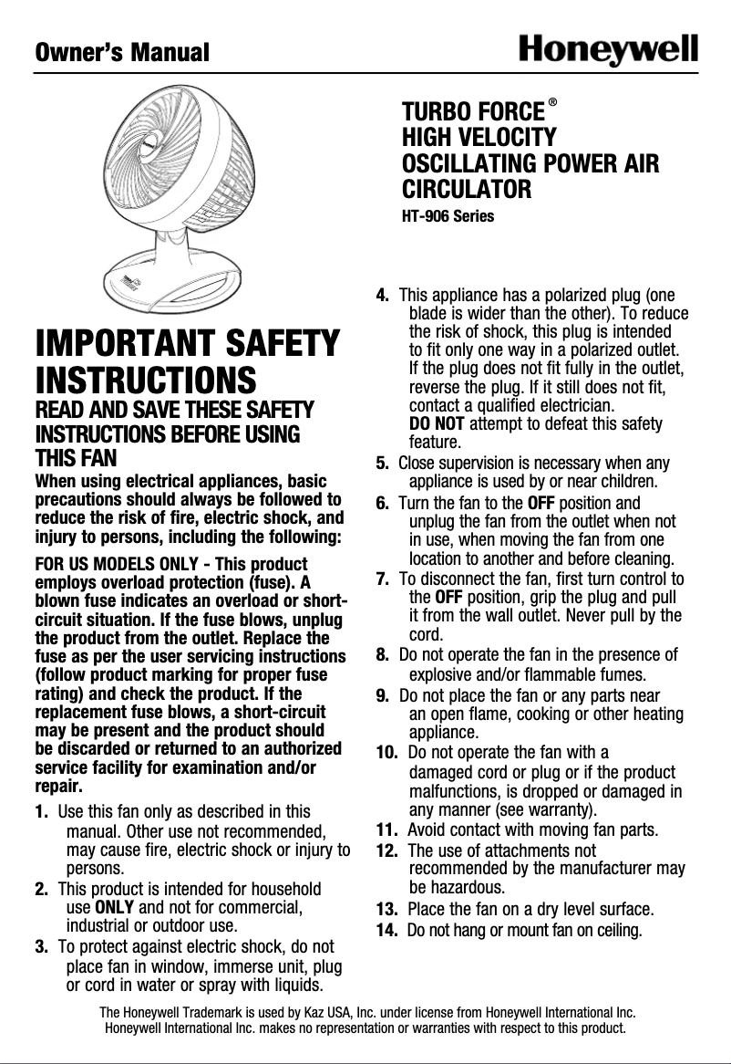 Page 1 de la notice Manuel utilisateur Honeywell Turbo Force HT-906