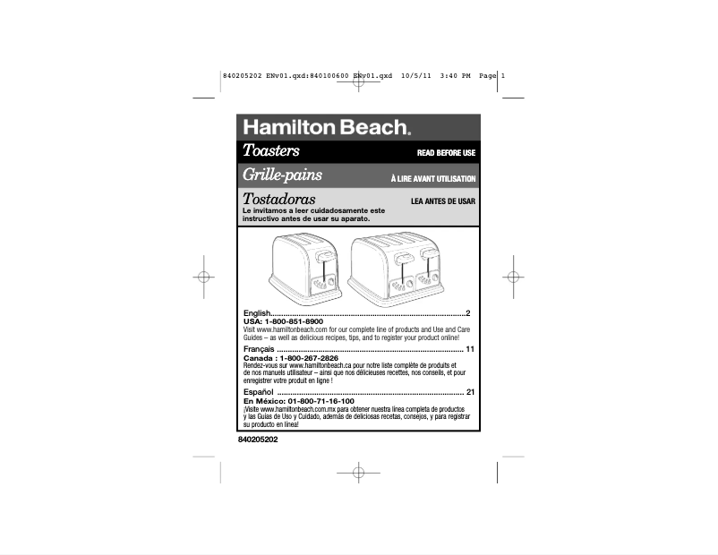 Page 1 de la notice Manuel utilisateur Hamilton Beach 22790