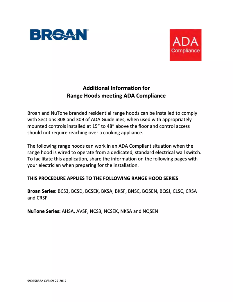 Page n°1 - Instructions / montage Broan BCSD142WW