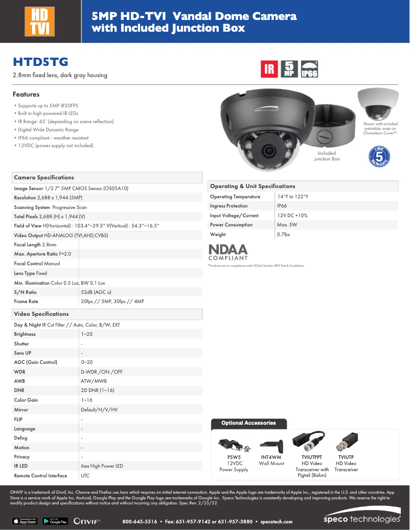 Page 1 de la notice Fiche technique Speco Technologies HTD5TG