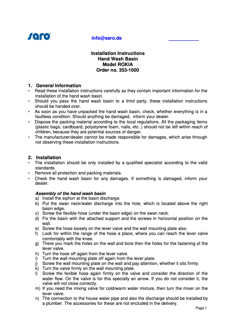 Page 1 de la notice Manuel utilisateur Saro ROKIA