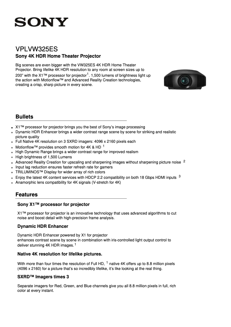 Page 1 de la notice Fiche technique Sony VPL-VW325ES