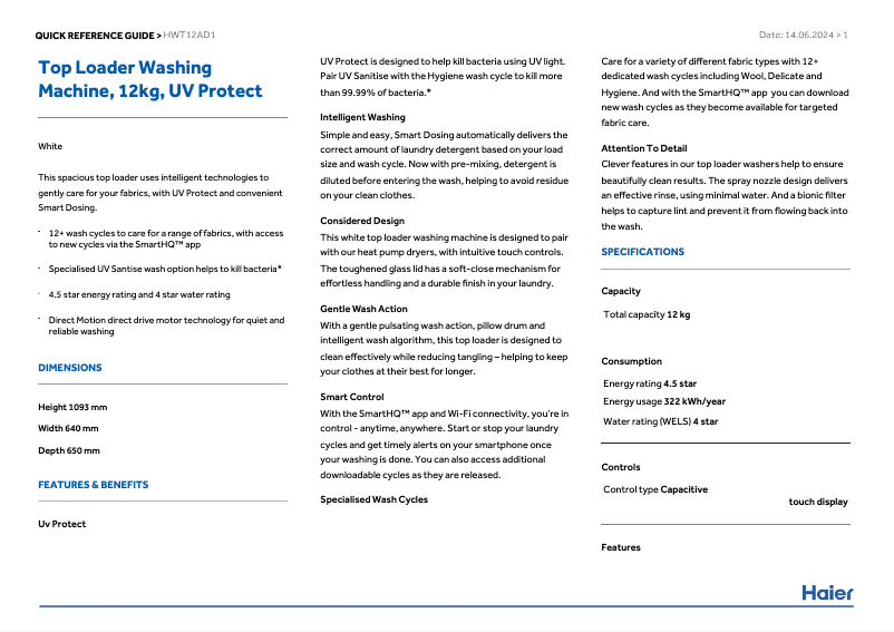 Page 1 de la notice Manuel utilisateur Haier HWT12AD1